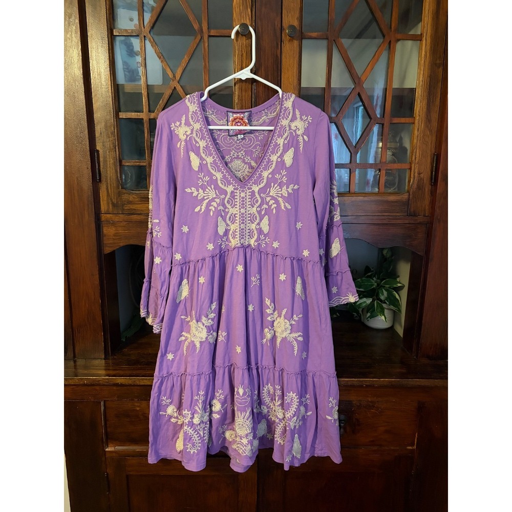 Johnny Was Los Angeles Arzella Purple Embroidered Cotton Tiered Dress Medium
